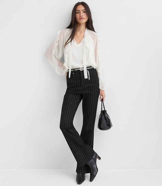High Rise Slim Flare Jeans in Black Shimmer Pinstripe