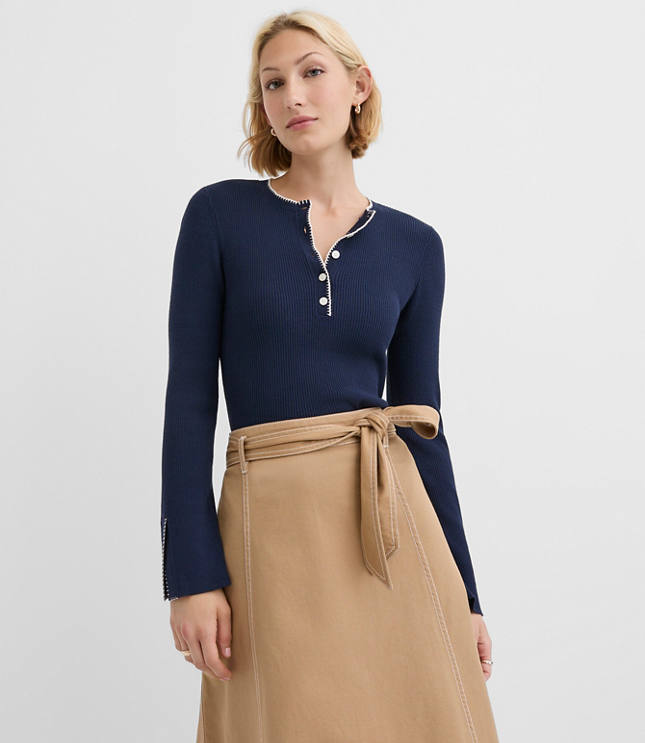 Contrast Stitched Split Cuff Henley Sweater