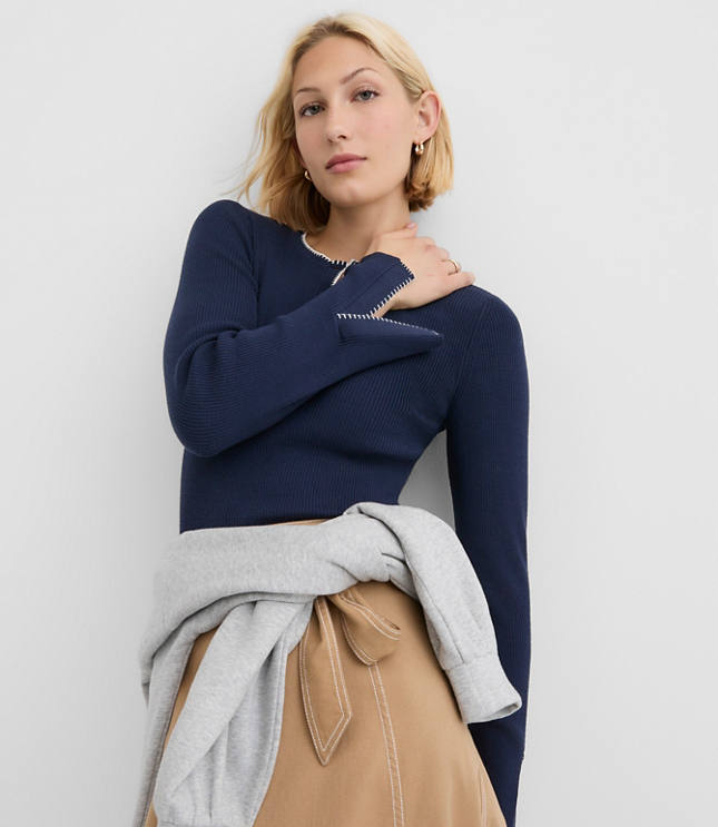 Contrast Stitched Split Cuff Henley Sweater