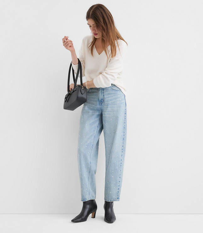 Sparkle Embellished High Rise Barrel Jeans in Vintage Light Indigo Wash