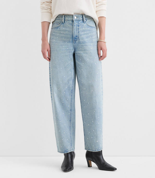 Sparkle Embellished High Rise Barrel Jeans in Vintage Light Indigo Wash