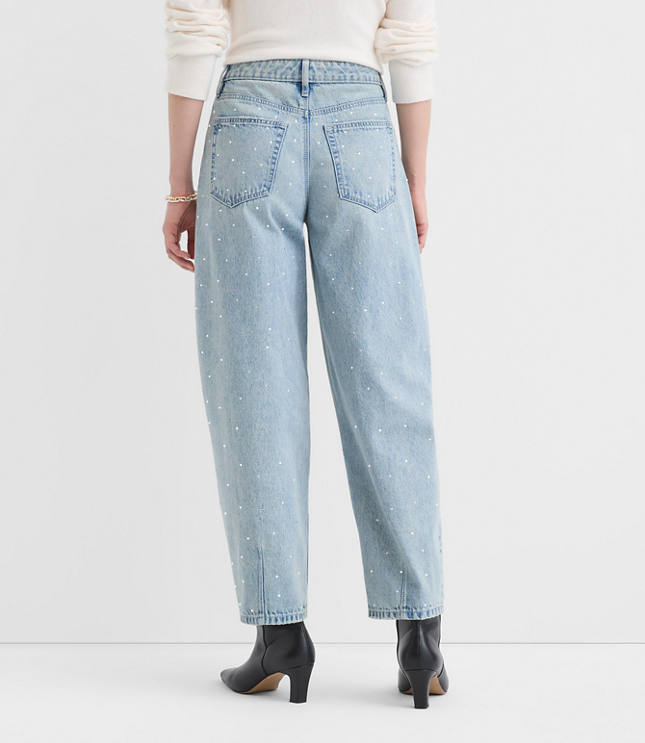 Sparkle Embellished High Rise Barrel Jeans in Vintage Light Indigo Wash