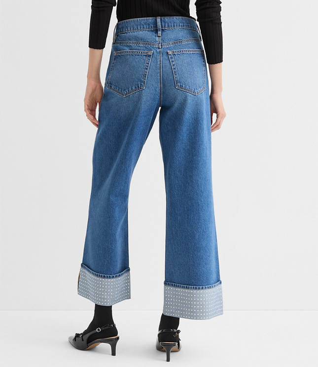 Petite Curvy Embellished Cuffed High Rise Wide Leg Crop Jeans Bright Mid Indigo Wash