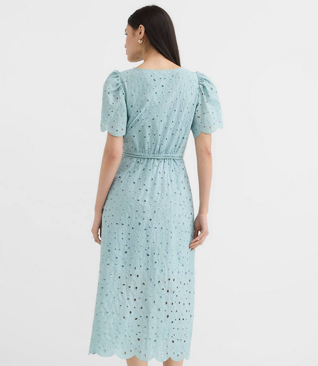 Scalloped Eyelet Midi Pocket Shirtdress