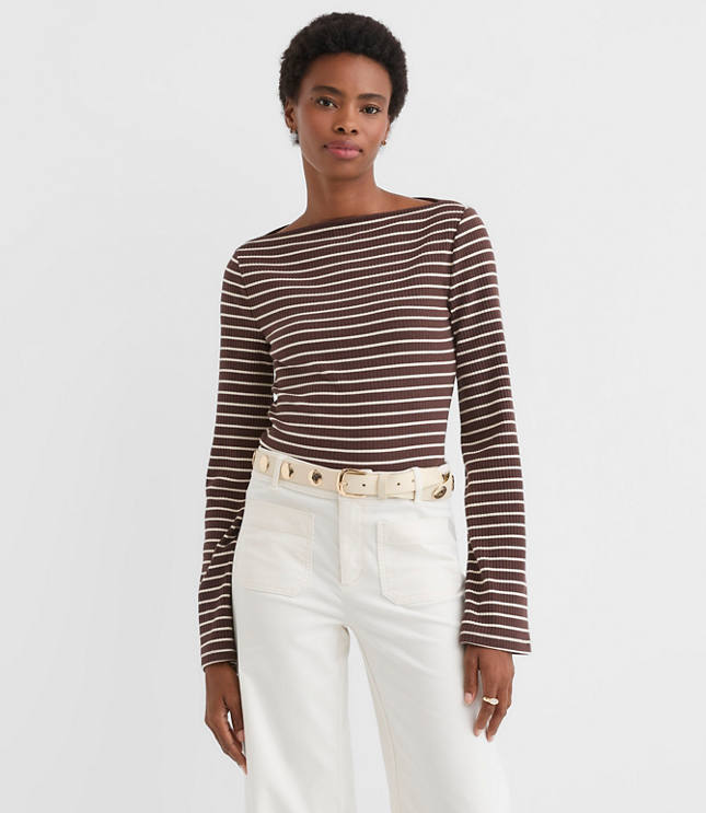 Stripe Ribbed Flare Sleeve Boatneck Top