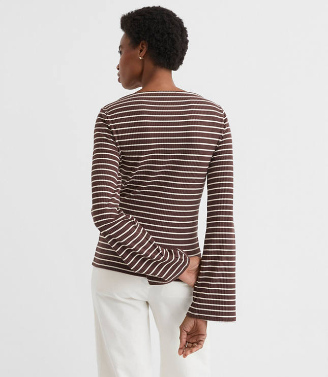 Stripe Ribbed Flare Sleeve Boatneck Top