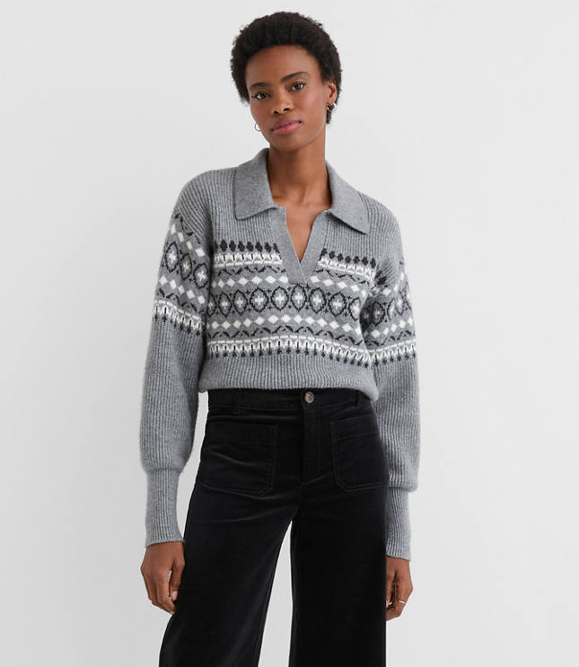 Fair Isle Ribbed Collared Sweater