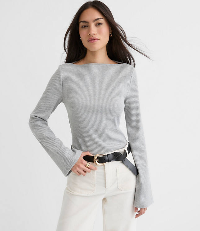 Heathered Ribbed Flare Sleeve Boatneck Top