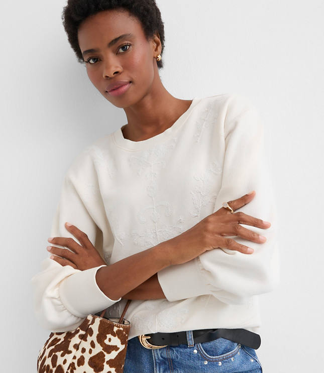 Floral Embroidered Terry Puff Sleeve Sweatshirt