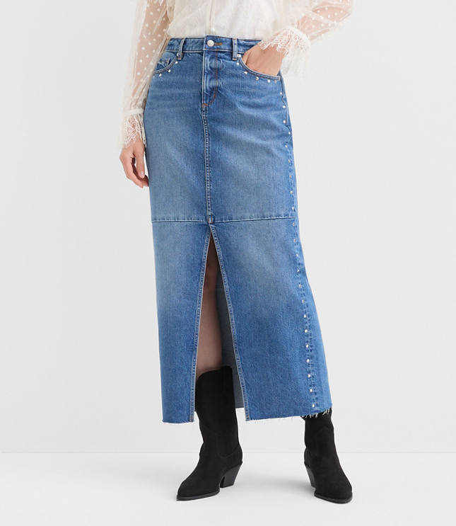 Studded Denim Maxi Skirt in Classic Mid Wash