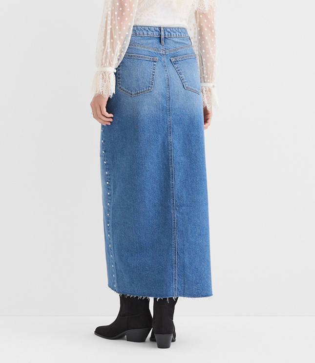 Studded Denim Maxi Skirt in Classic Mid Wash