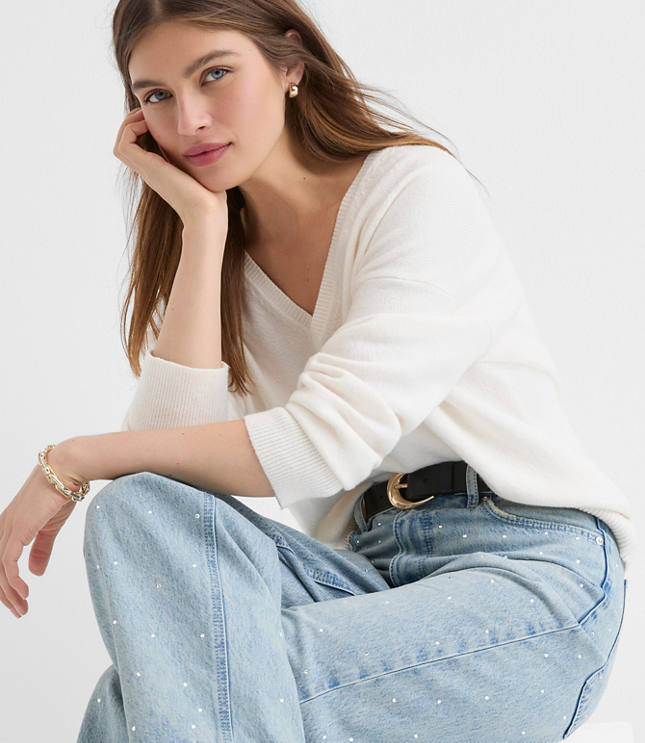 Petite Sparkle Embellished High Rise Barrel Jeans in Vintage Light Indigo Wash