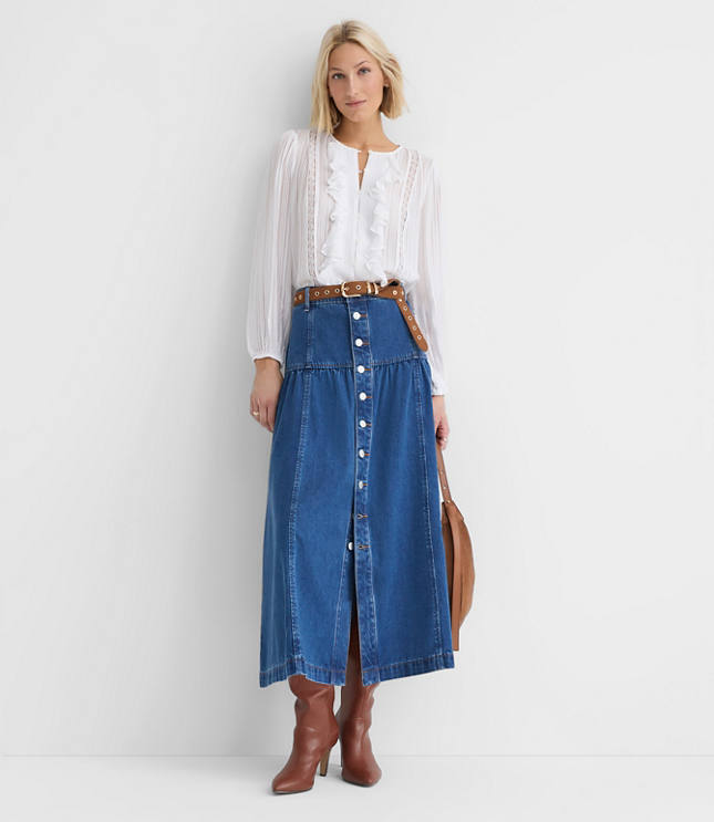 Yoke Button Denim Midi Skirt in Classic Mid Wash