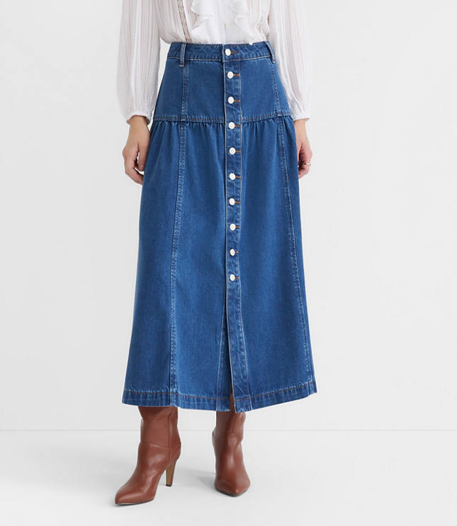 Yoke Button Denim Midi Skirt in Classic Mid Wash