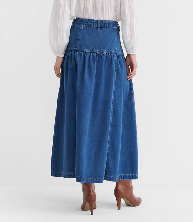 Yoke Button Denim Midi Skirt in Classic Mid Wash