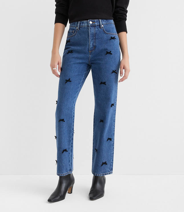 Petite Velvet Bow High Rise Straight Jeans Bright Mid Indigo Wash