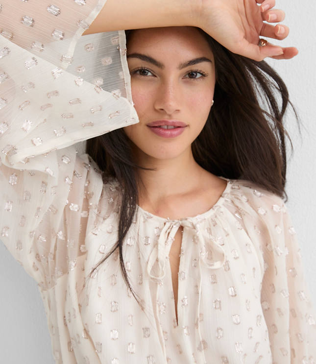 Shimmer Clip Flare Sleeve Tie Neck Blouse