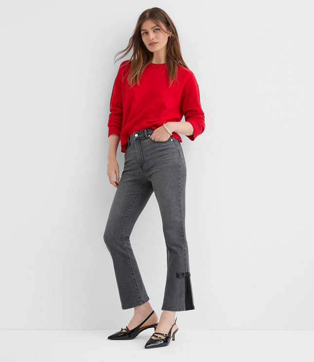 Petite Satin Bow High Rise Kick Crop Jeans in Washed Black