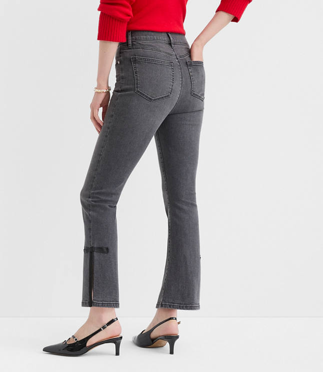 Petite Satin Bow High Rise Kick Crop Jeans in Washed Black