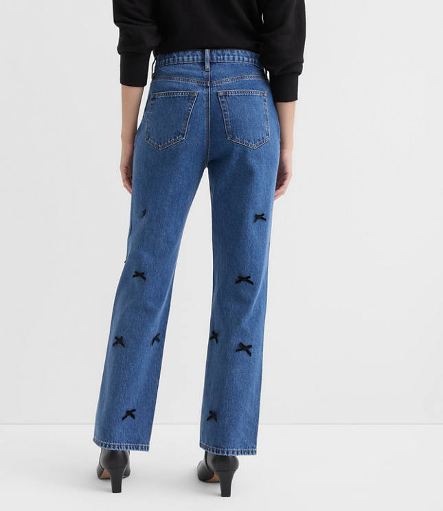Velvet Bow High Rise Straight Jeans in Bright Mid Indigo Wash