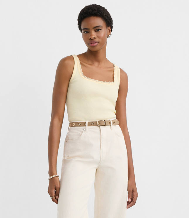 Lace Trim Perfect Ribbed Square Neck Tank Top