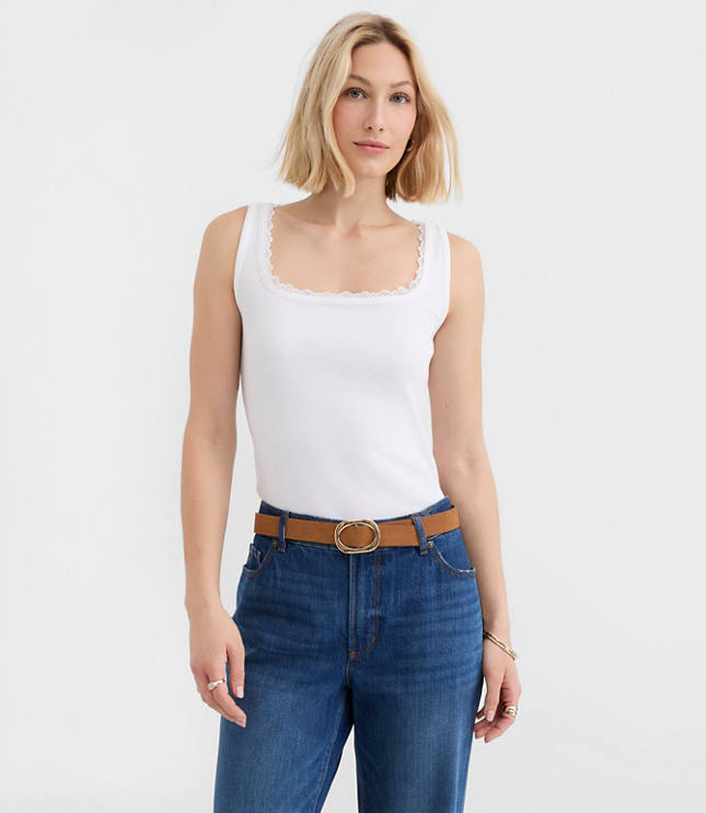 Lace Trim Perfect Ribbed Square Neck Tank Top