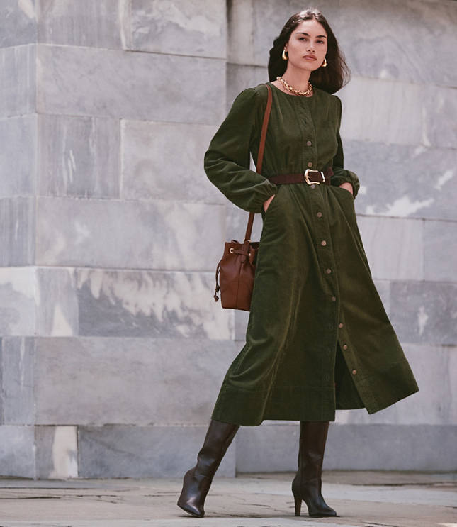 Petite Corduroy Seamed Belted Midi Pocket Dress