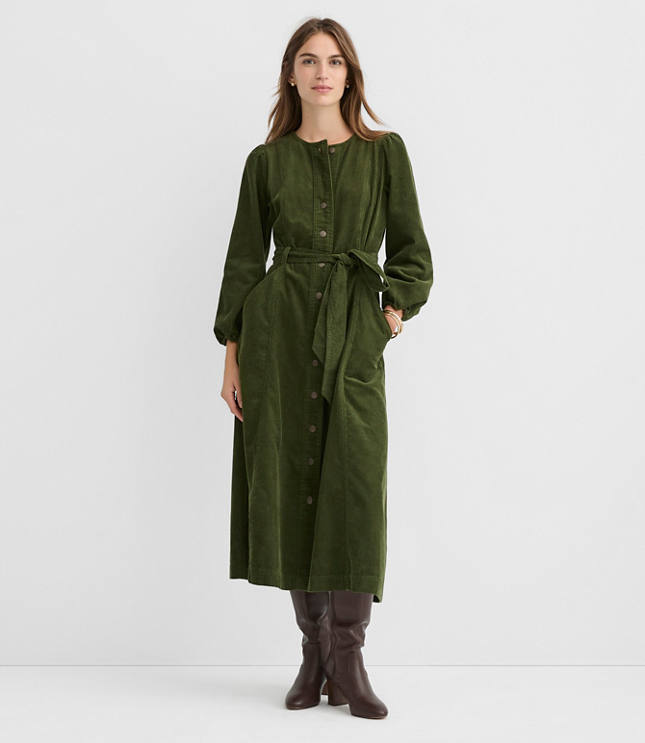 Petite Corduroy Seamed Belted Midi Pocket Dress