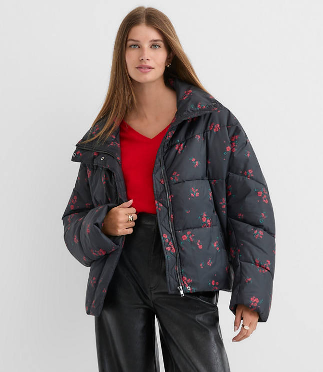 Floral Cocoon Sleeve Puffer Jacket