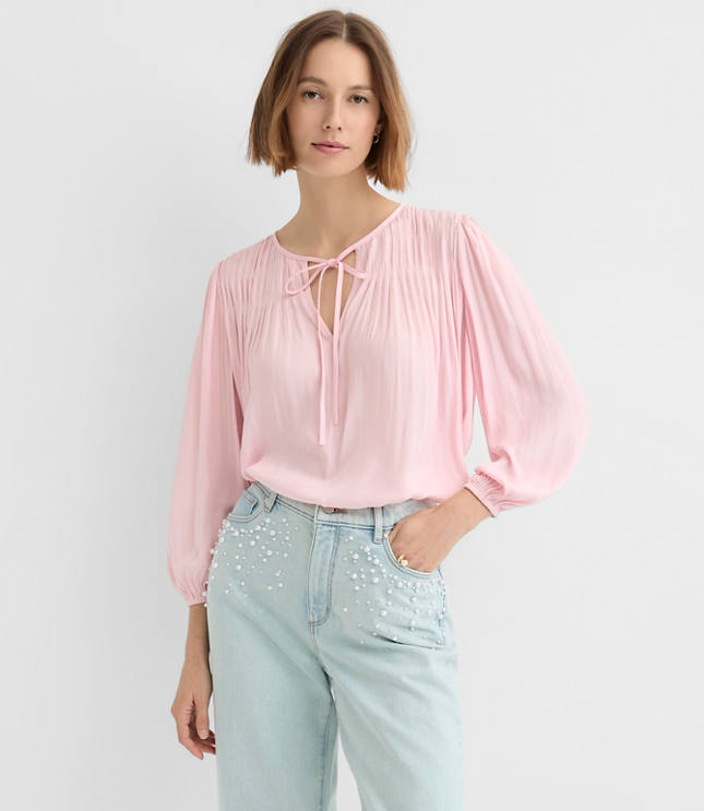Petite Pleated Tie Neck Blouse