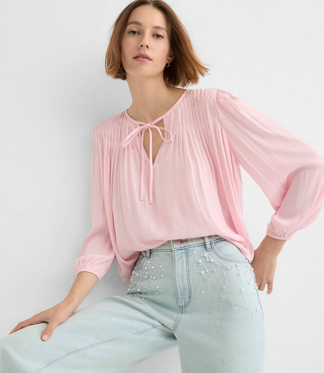 Petite Pleated Tie Neck Blouse