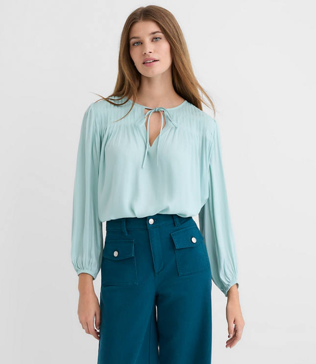 Petite Pleated Tie Neck Blouse