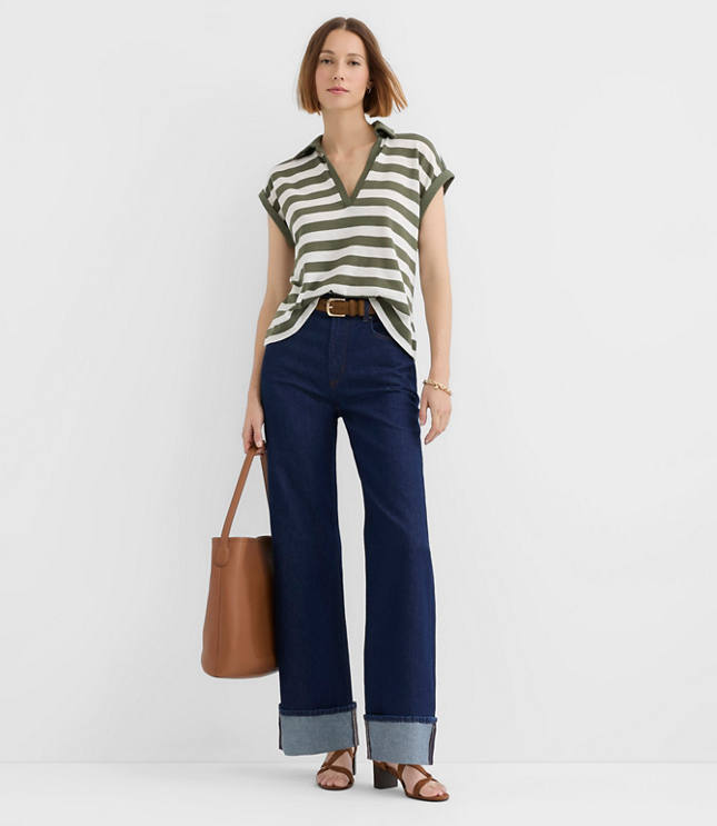 Stripe Collared Split Neck Top