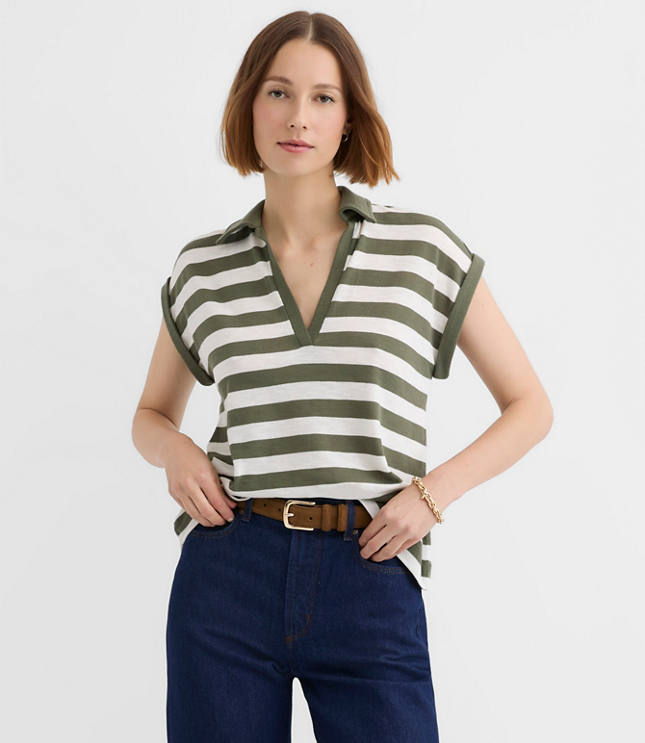 Stripe Collared Split Neck Top