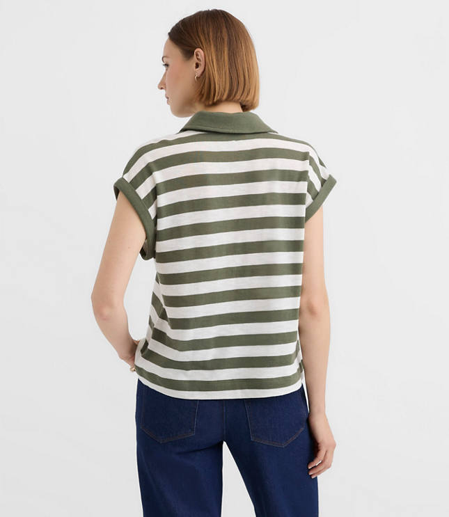 Stripe Collared Split Neck Top