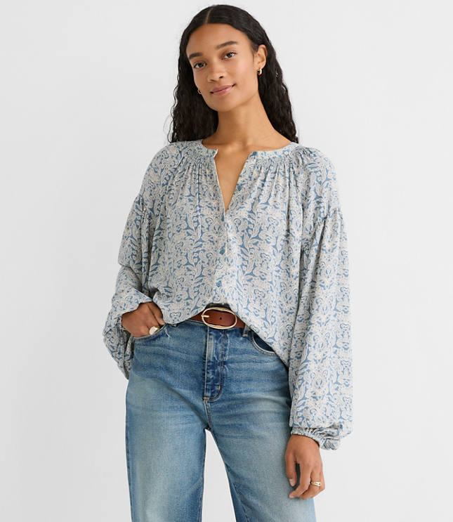 Petite Garden Smocked Ruffle V-Neck Blouse