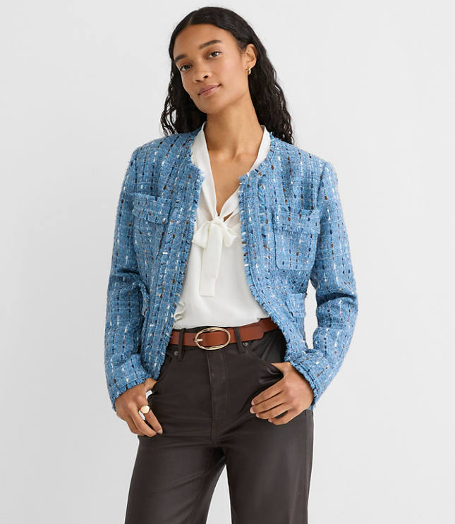 Frayed Tweed Collarless Jacket