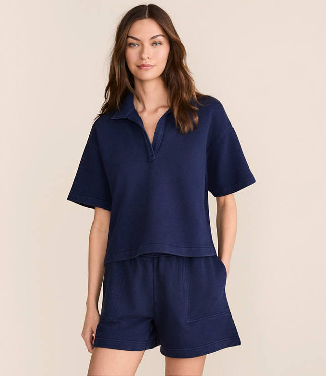 Lou & Grey Denim Washed Terrysoft Polo Top carousel Product Image 2