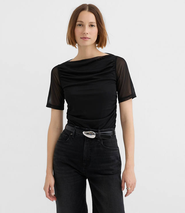 Mesh Ruched Boatneck Top