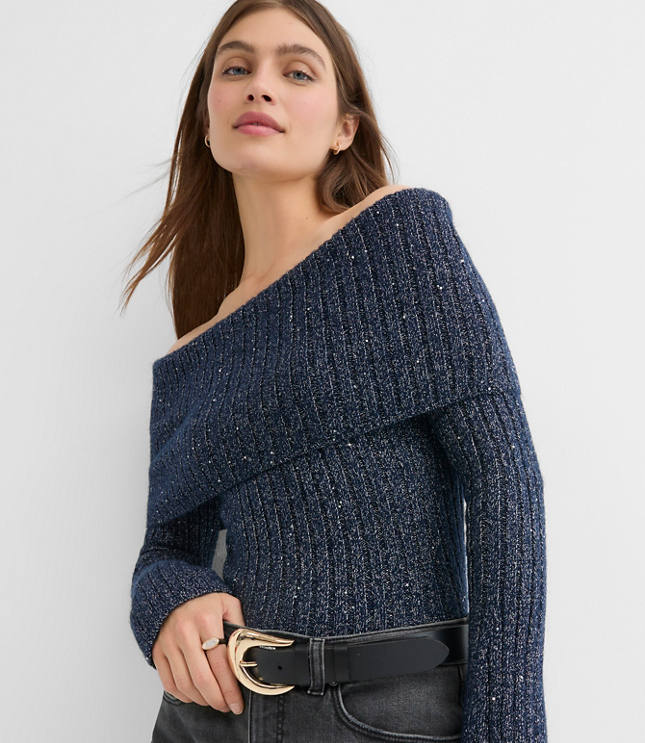 Shimmer Ribbed Flare Sleeve Off The Shoulder Sweater