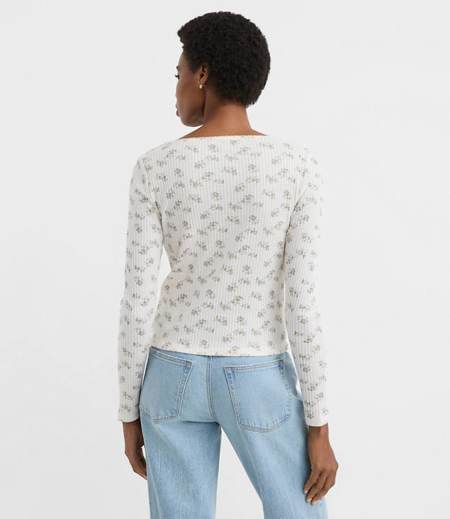 Floral Scalloped Ribbed Square Neck Cardigan