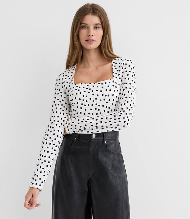 Dot Textured Ruched Square Neck Top