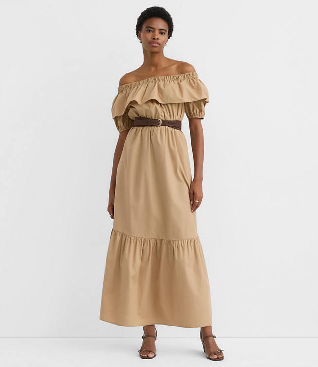 Poplin Ruffle Off The Shoulder Maxi Pocket Dress