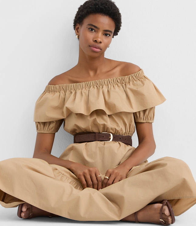 Poplin Ruffle Off The Shoulder Maxi Pocket Dress