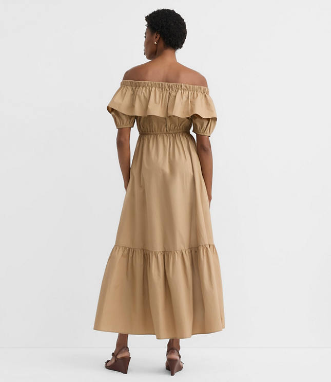 Poplin Ruffle Off The Shoulder Maxi Pocket Dress
