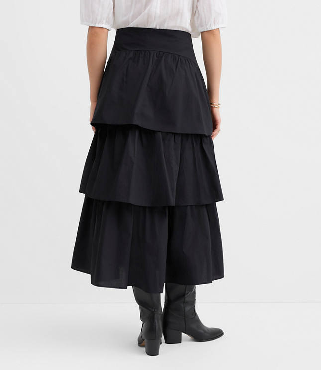 Yoke Poplin Ruffle Tiered Midi Skirt
