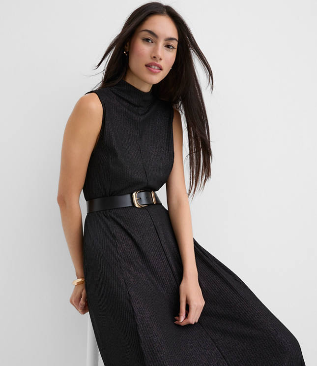 Petite Foil Ribbed Mock Neck Maxi Dress