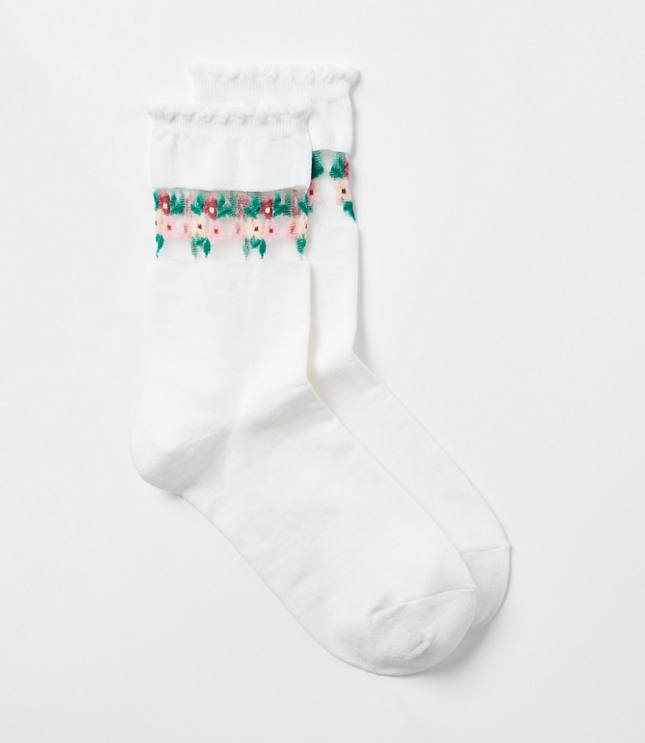 Floral Stripe Scalloped Sheer Crew Socks