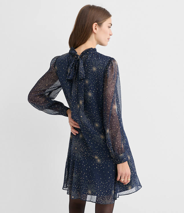 Tall Shimmer Stripe Tie Neck Mini Flounce Dress