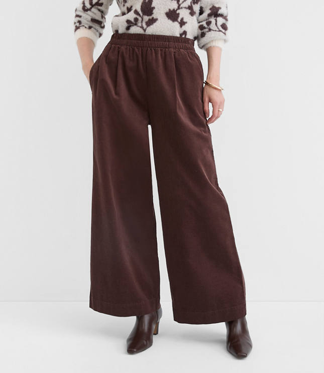 Pleated Pull On Wide Leg Pants in Corduroy